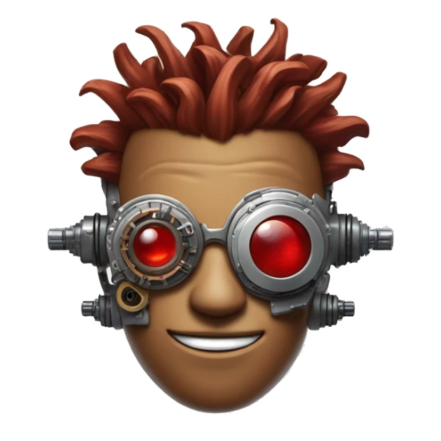 Brown cyborg head with red Mohawk, red beard, silver steampunk monocle goggles a smile and circuits sticker