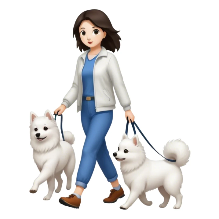 Brunette woman walking a Japanese Spitz dog sticker
