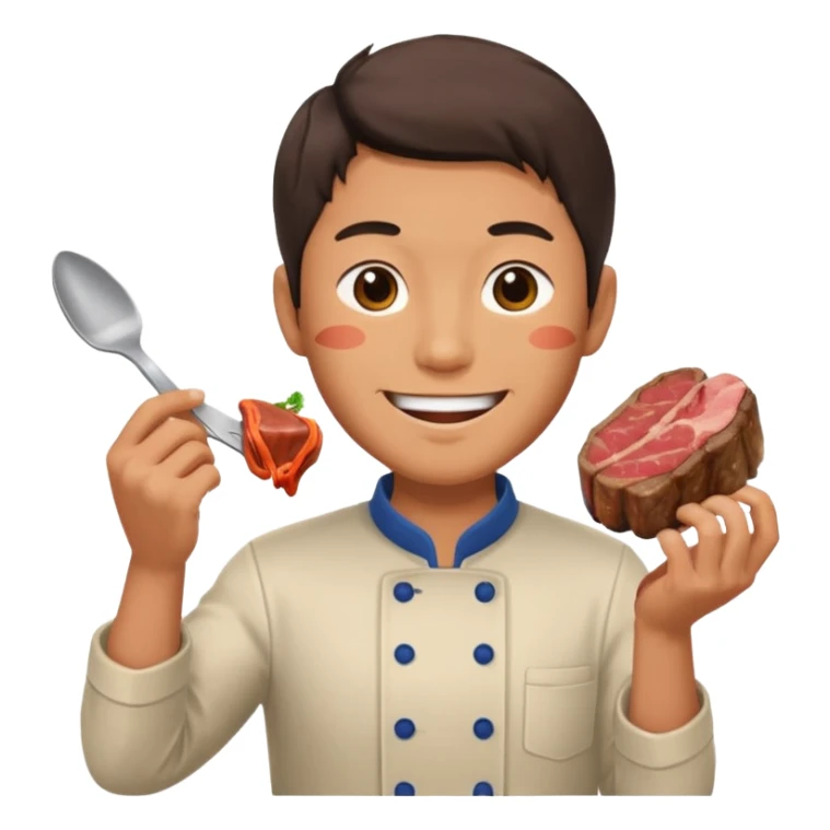 Japanese man holds in hands steak preparing to eat with lovely sight sticker