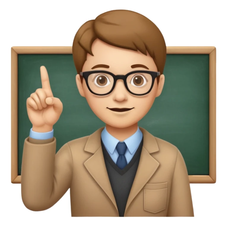 Teacher with glasses pointing at a chalkboard sticker