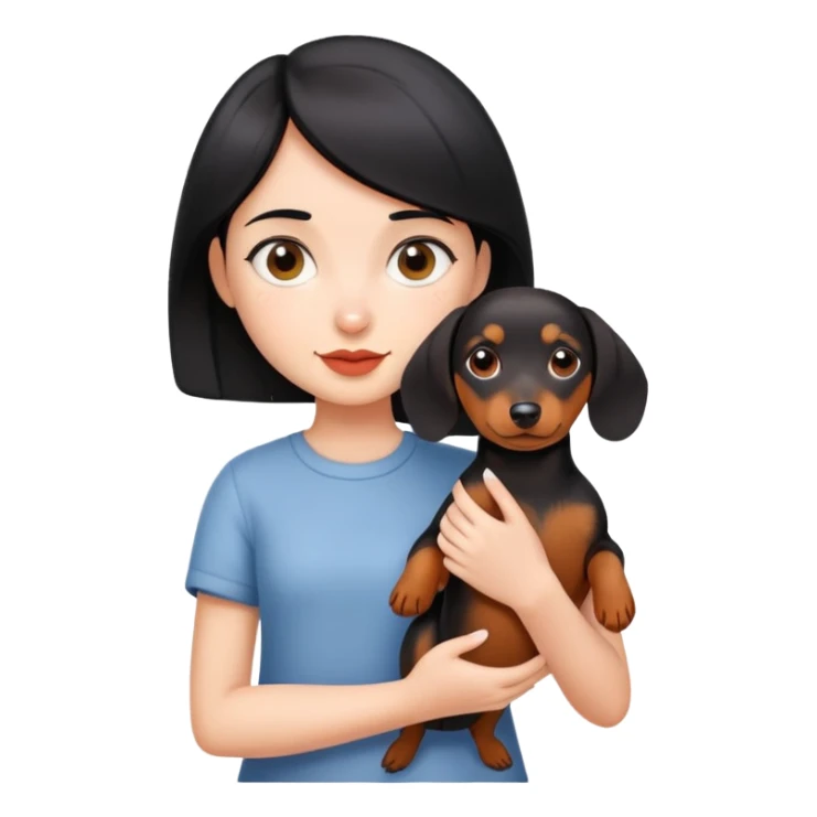 short black haired girl holding a daschund sticker