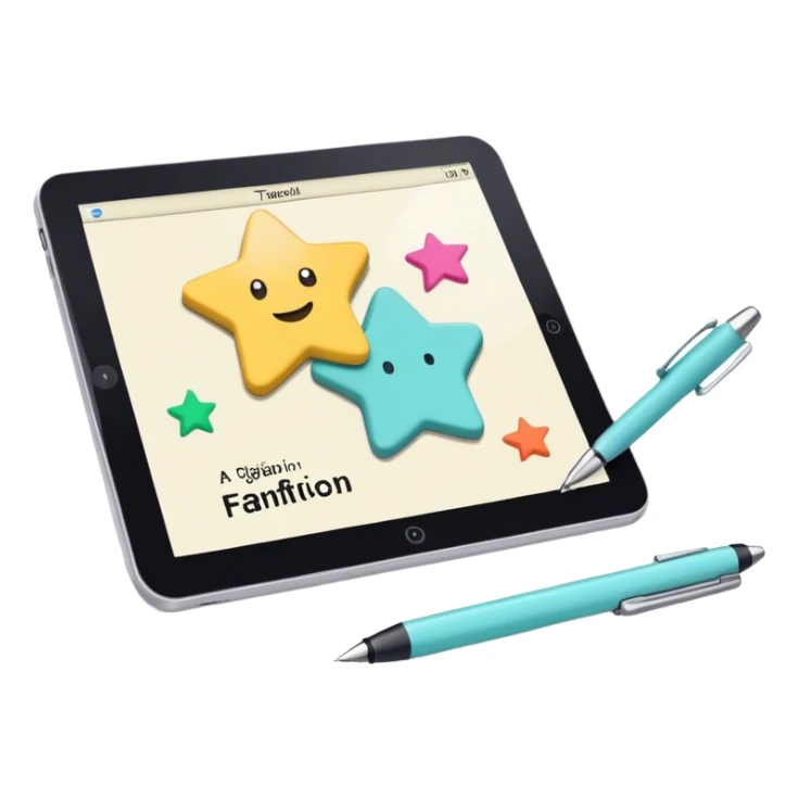 Create an emoji representing fanfiction writing. The design should feature an open notebook or digital device with visible text, symbolizing the creative process of writing fanfiction. Include elements like a pencil or pen nearby, and optionally, add a subtle reference to popular fictional characters or universes (like a small star, heart, or magical item) to indicate the fan aspect. Use a playful, imaginative color palette, blending vibrant tones with soft neutrals. Do not include any emojis or smiley faces. Make the background transparent. sticker