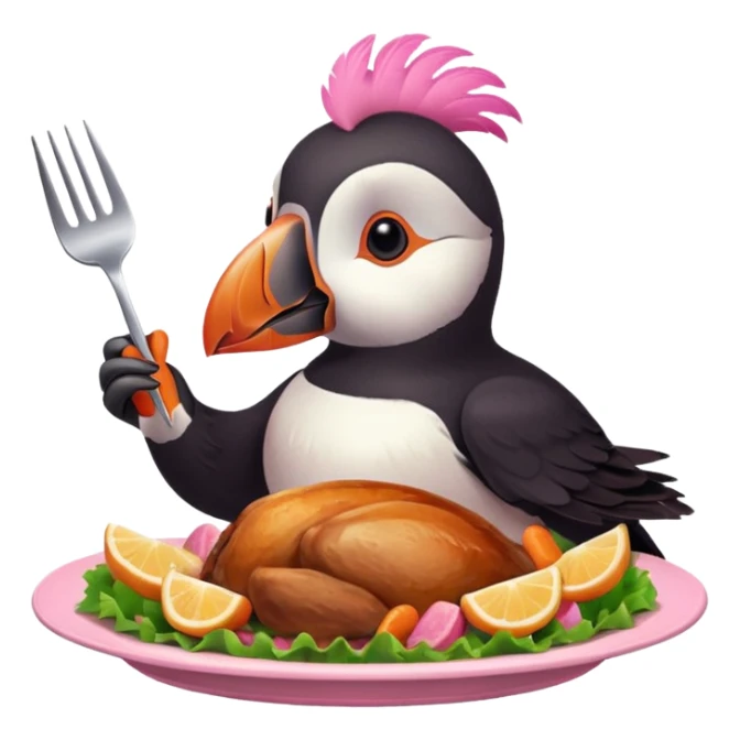pink puffin that is pink-colored eating roast dinner sticker