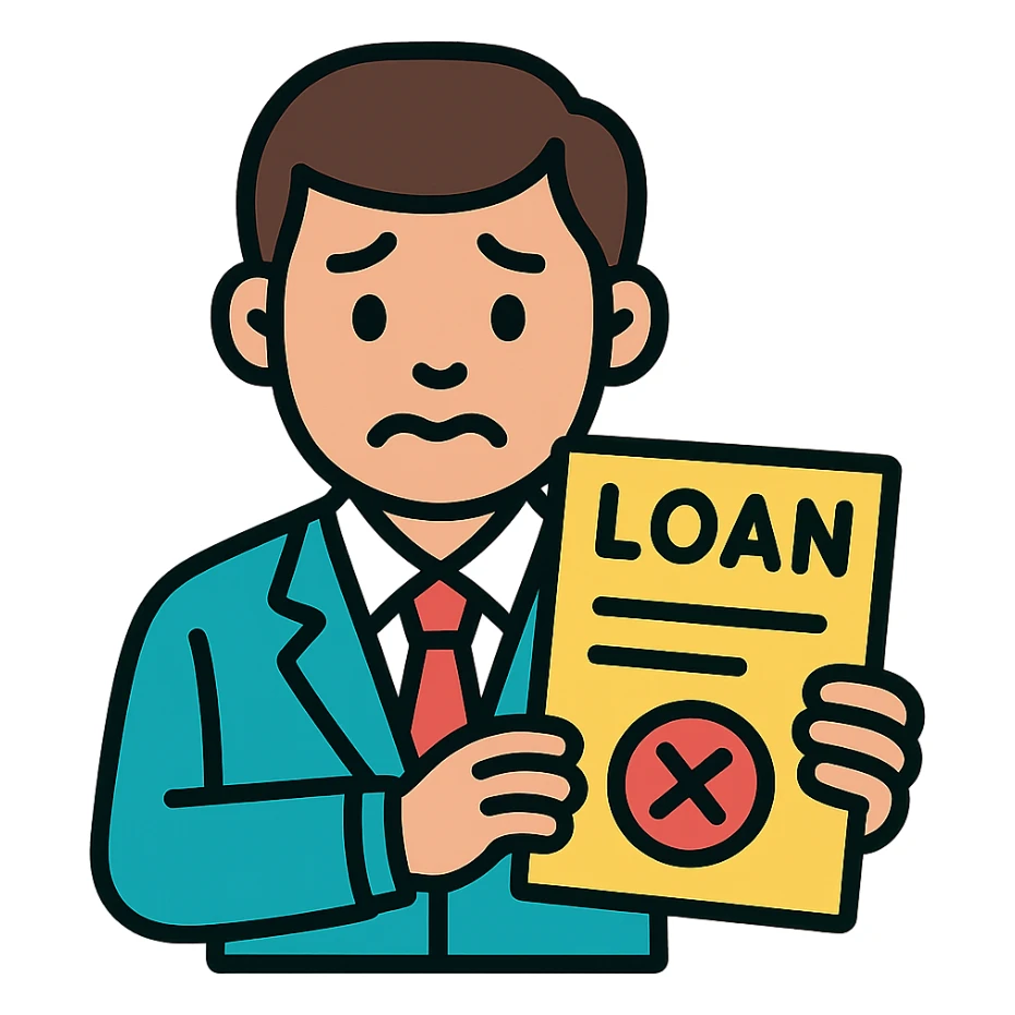 man committing loan perjury, looking nervous, holding fake documents sticker