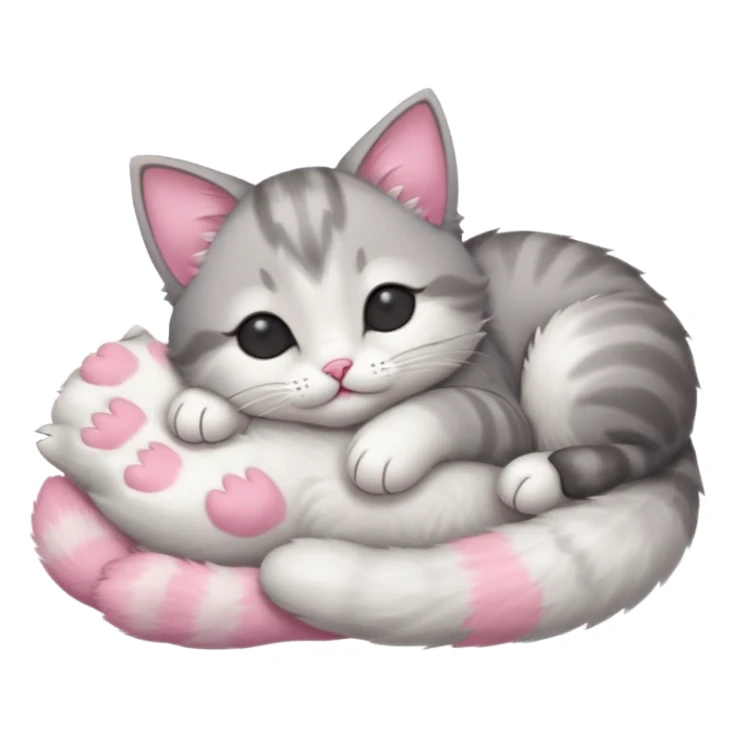 grey and white small cat with eyes closed lying down upside down with its head resting on its paw sticker