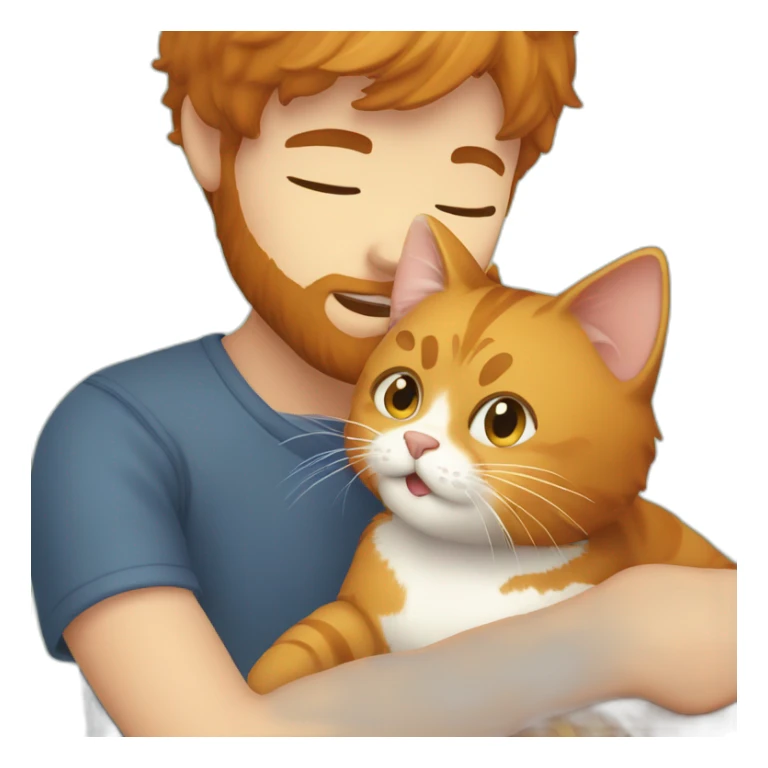 Boy with brown hair and beard playing with ginger cat sticker