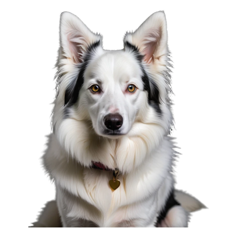 A pure white Border Collie dog sitting, with fluffy fur, alert pointed ears, and friendly expression sticker