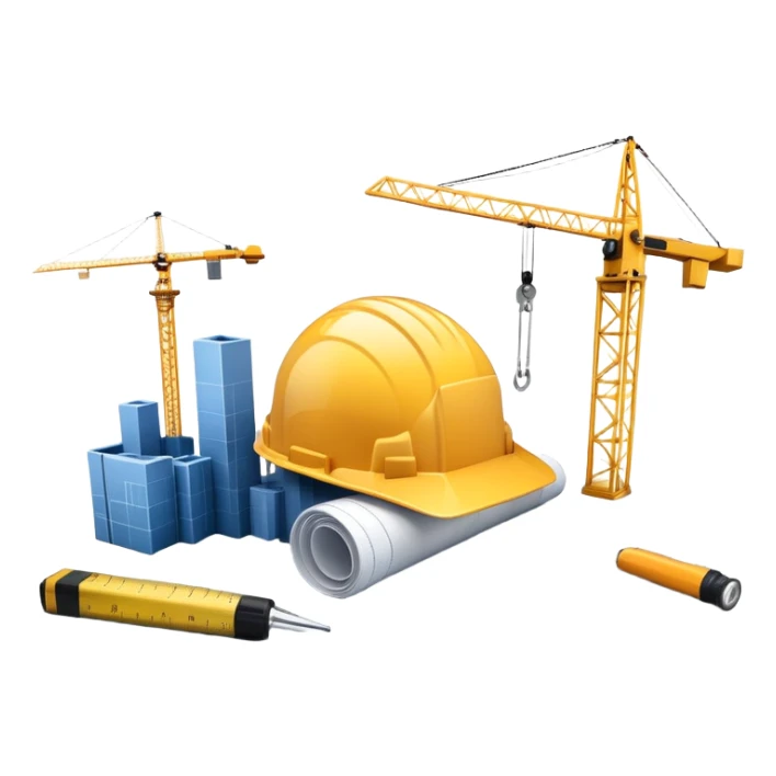 An icon featuring a blueprint, a hard hat, and a measuring tape, symbolizing architecture and construction. The design includes a building silhouette, cranes, and construction tools, representing the planning, design, and building processes. Transparent background. sticker