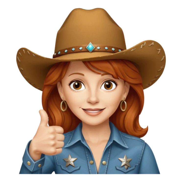Reba McEntire with a cowboy hat on with a thumbs up  sticker