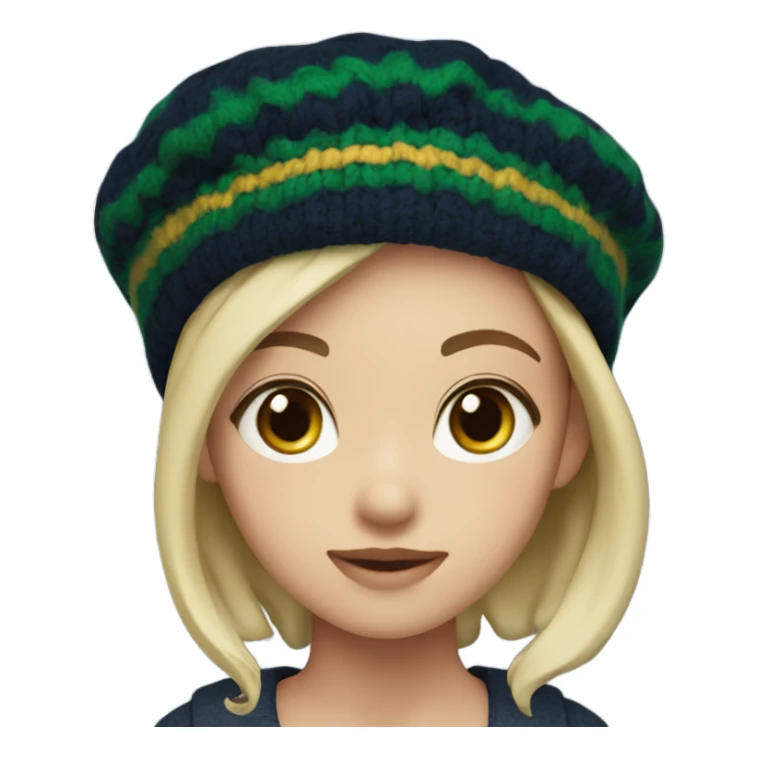 Girl waering stripe beret with navy& deep green color wool sticker