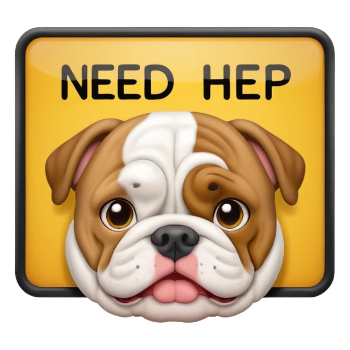 English bulldog peeking over a 'need help' sign, emoji style sticker
