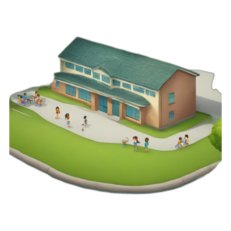 a small school with river in the back and children play in the playground sticker