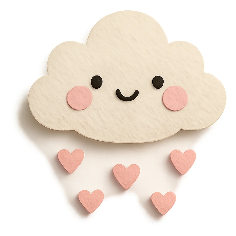 kawaii small fluffy cloud, raining tiny pink hearts, soft pastel palette, no arms or legs, full body, paper craft style sticker