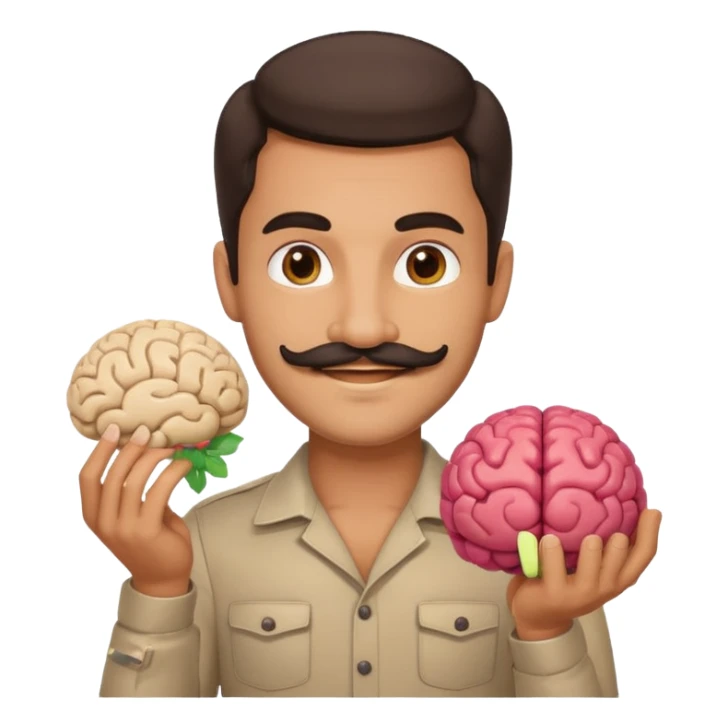attractive man with dark hair and mustache holding a brain as an emoji sticker