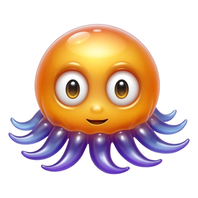 a combination of a water droplet and a ghost tail.
The bottom part is softly squished and slightly curled like a tail
floats in the air with no feet, has small round hands like jelly
Ieyes are large, round, and sparkle like jelly marbles.
The character has a translucent jelly-like texture. sticker