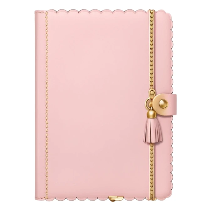 a soft pink journal with scalloped edges, tiny gold dot details, and a small tassel charm, cozy and elegant stationery vibe sticker