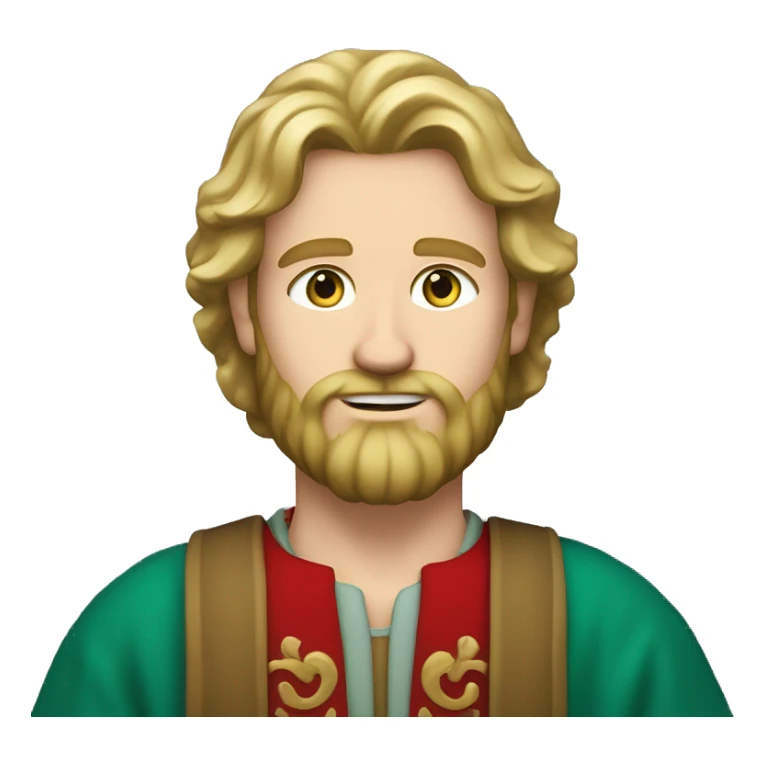 The image shows a man with wavy blonde hair, a full beard, light blue eyes, and a fair complexion. He wears a red garment over a green tunic, giving a historic appearance. sticker