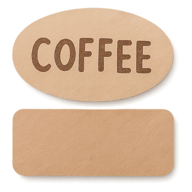 pastel brown coffee label sticker shapes, oval and rectangle, hand-drawn style, transparent background sticker