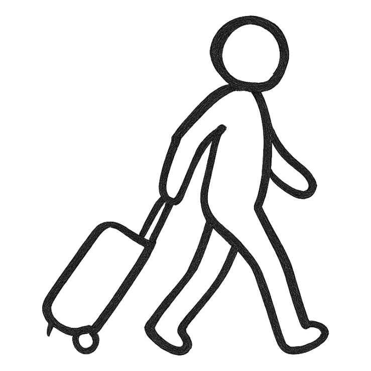 silhouette of a traveler pulling a suitcase, modern, black sticker