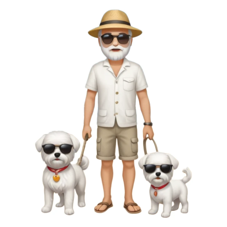 white man grey hair beard holding a white Maltese on a beach full body sticker