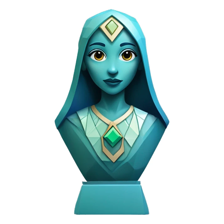 Sculpture oracle priestess with a geometric faceted design with disney features. Oracle of delphi is sparkling and standing upright on a base with angular and flower features. The vibrant blues neutrals and greens highlights the sharp edges and planes.  sticker