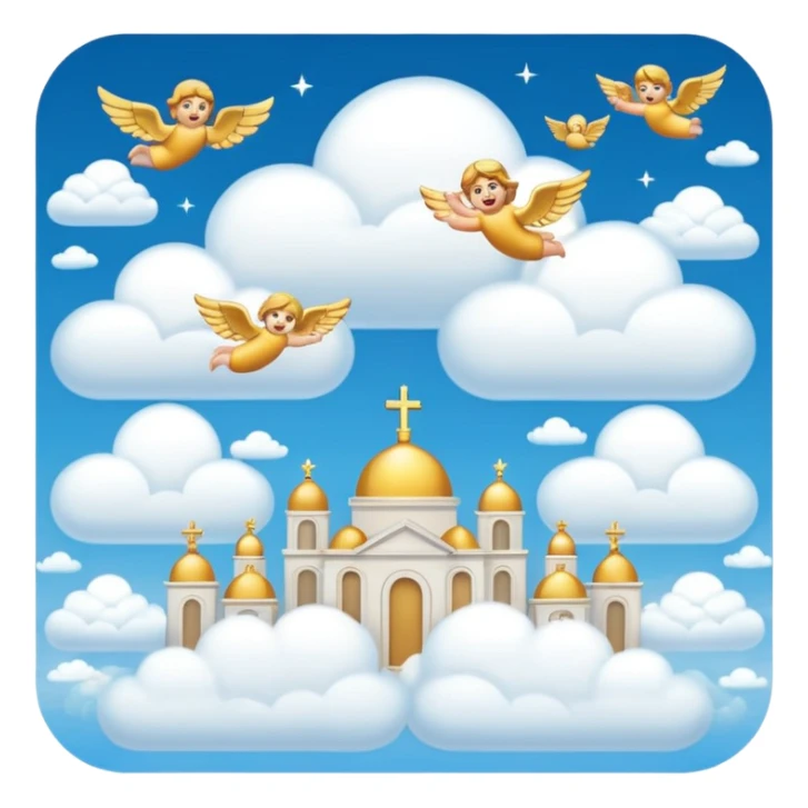 heaven with golden cities, clouds, and angels flying through the sky, emoji style sticker