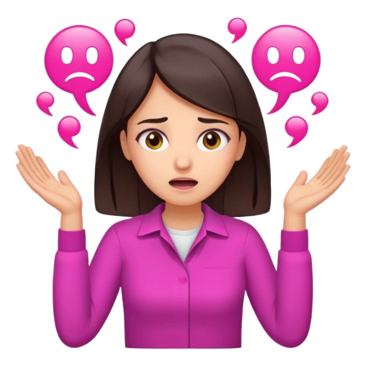 Social media manager. She has dark brown hair, brown eyes,stressed expression, exhaling deeply, hands slightly raised showing frustration. Use vibrant colors with a focus on pink and fuchsia tone sticker