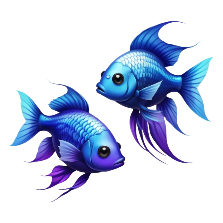 Two beta fishes, one is a white beta fish with a light blue eye, the other is a black beta fish with a purple eye sticker