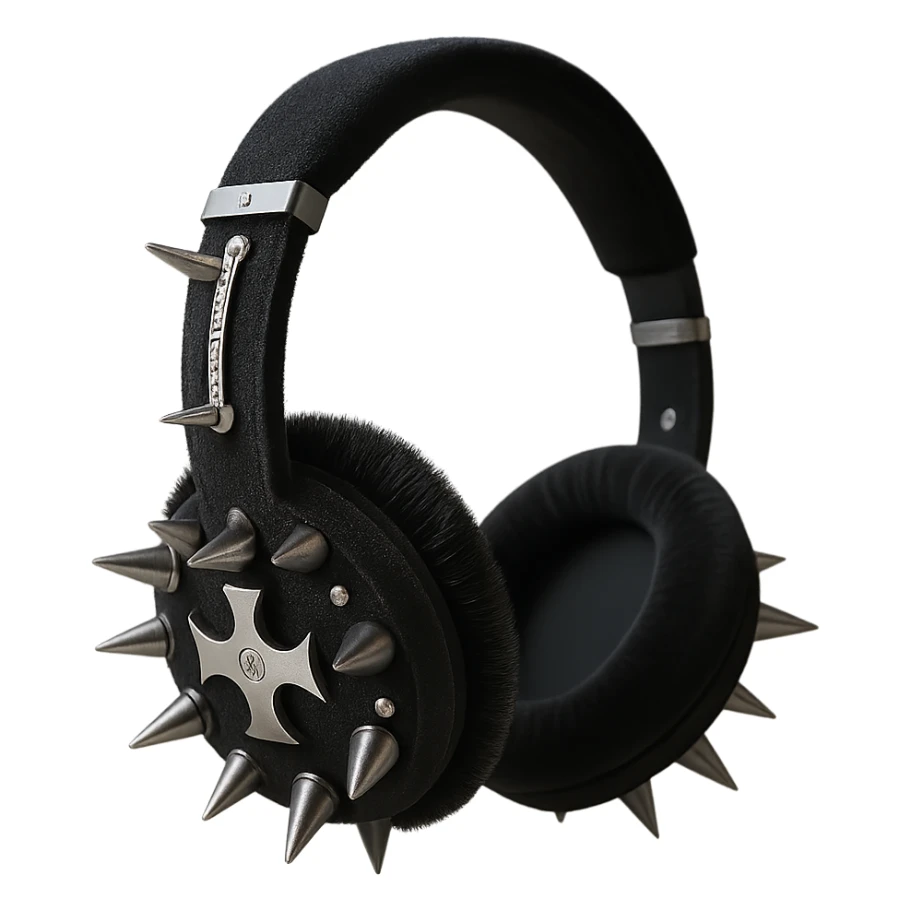 Remove the background, keep only the realistic black gothic headphones with velvet ear cups, silver spikes, and subtle cross motifs, photorealistic style, with no background. sticker