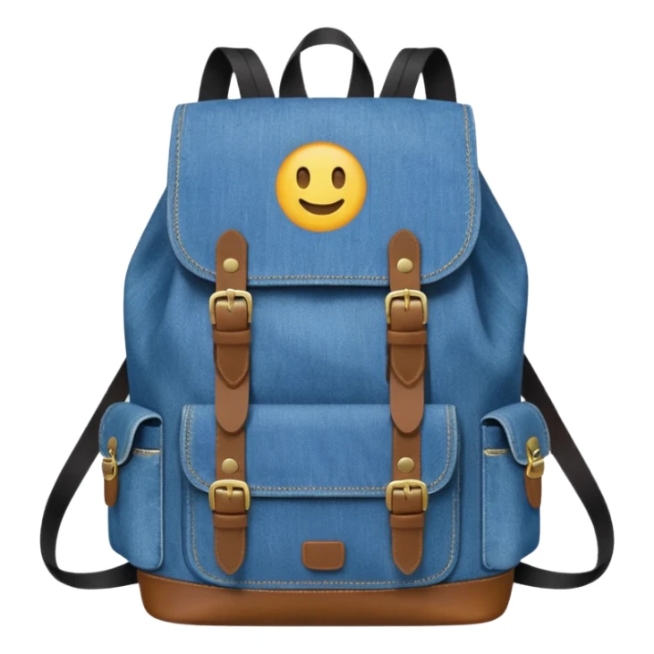 An emoji-style blue denim backpack with a flap top and one small buckle straps attached only on the flap, not connected to the front panel. No front pockets or vertical straps below the flap. Clean and minimal design with two side pockets. 



 sticker