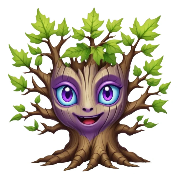 An ancient, psychic tree evolves by absorbing the essence of fallen autumn spirits, sprouting a radiant leaf, channels both forest wisdom and fiery seasonal magic through its gnarled. Purple eyes, blue eyes sharp teeth, bark wood skin, heterochromatic eyes, maple leafs, poly style sticker