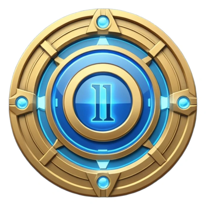 Futuristic anniversary medal badge, circular emblem with embossed Roman numeral I, metallic gold finish with electric blue glow accents, subtle outer energy ring, sci-fi web3 game UI style, polished 3D game asset, dark background, centered composition, high detail sticker