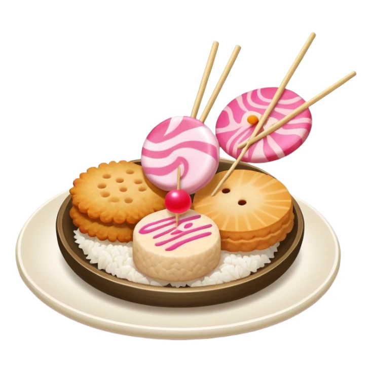 A combination of fish cake with pink swirl (narutomaki), rice cracker (senbei), and dango on a stick arranged together as a Japanese food plate sticker