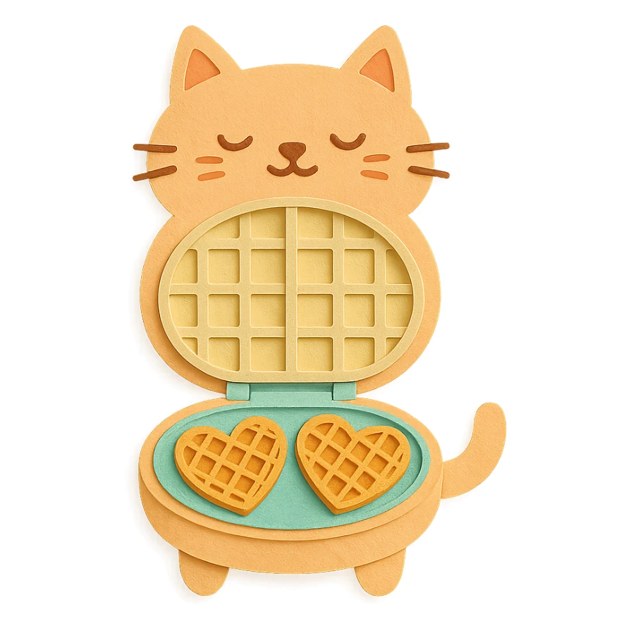 pastel orange waffle maker cat showing heart-shaped waffles, full-body sticker