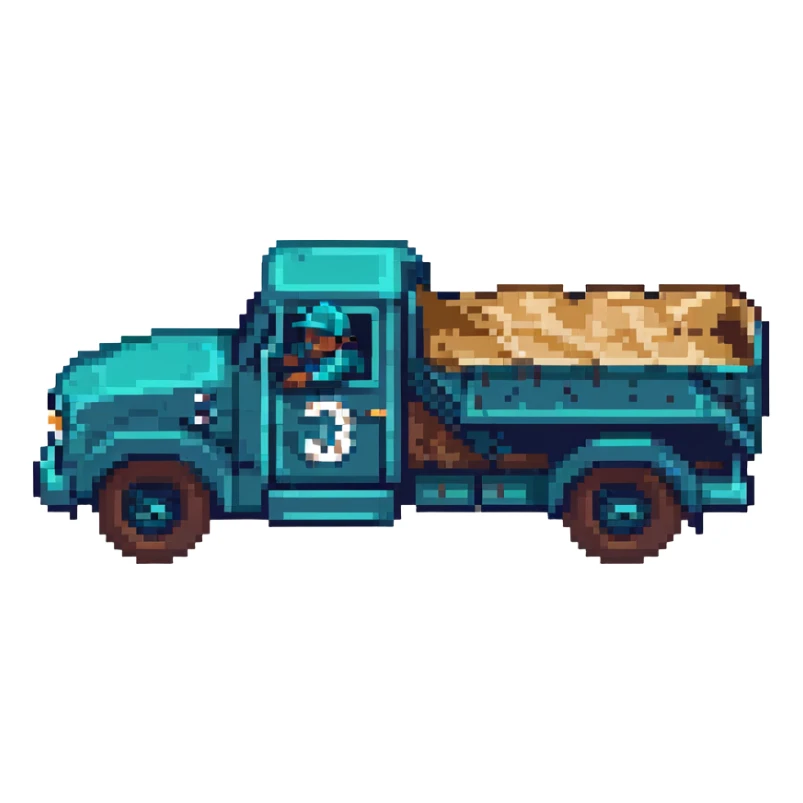 cute dump truck in navy blue and teal green, wearing a Mariners baseball cap, pixel art style, side view, dynamic pose sticker
