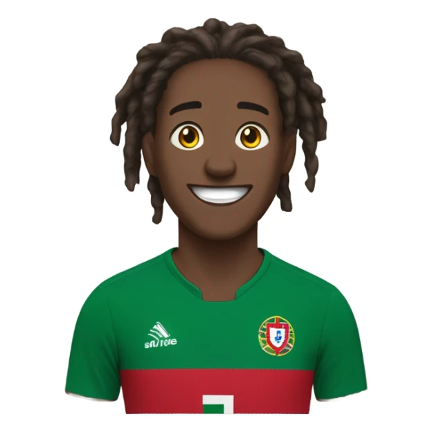  Young black man- 4 inch short black nappy messy dread locks-  low eyebrows - low eyes - no facial hair laughing Portugal jersey lean crazy smile  sticker