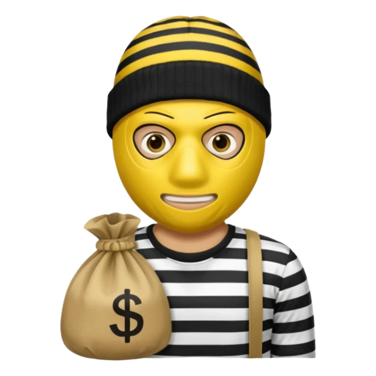yellow robber wears black eye mask, black beanies and black and white stibes shirt with one brown money bag beside him sticker