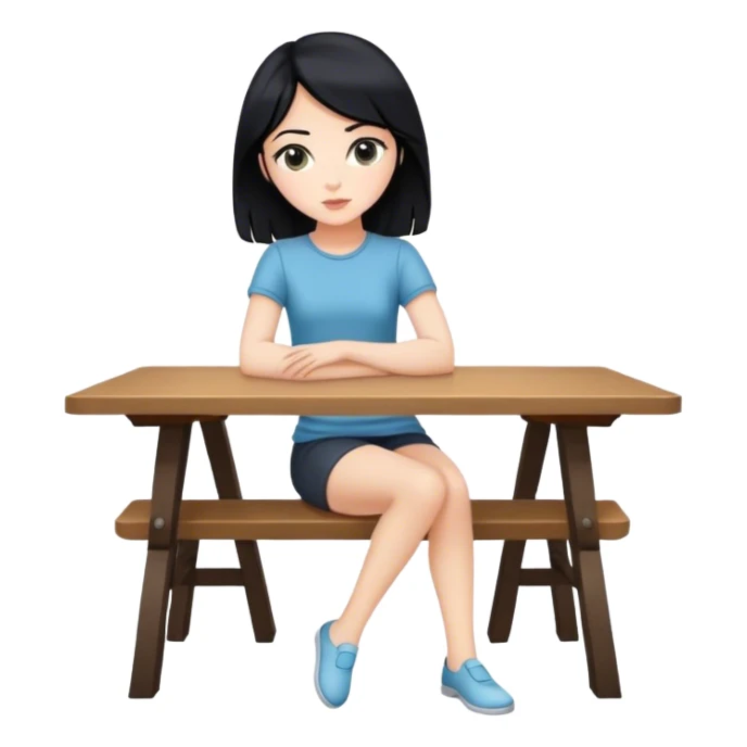 White girl full body sitting at table with black hair looking away sticker