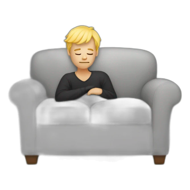 A Man with blond Hair sleeping on a Gray couch with a black blanket sticker
