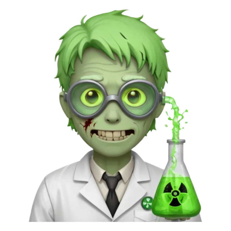 radioactive zombie scientist portrait, head and shoulders only, glowing toxic veins, cracked goggles, lab coat with radiation badge, sinister smile, 3D cartoon, mobile game icon style, clean background, no text, no watermark
 sticker