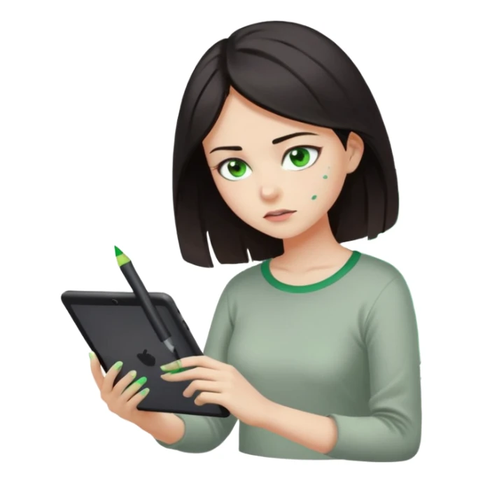 emoji holding and drawing on tablet using a stylus, looking down at screen in frustration, female, dark hair, green eyes, screen slightly visible with splashes of color like a paint palette  sticker