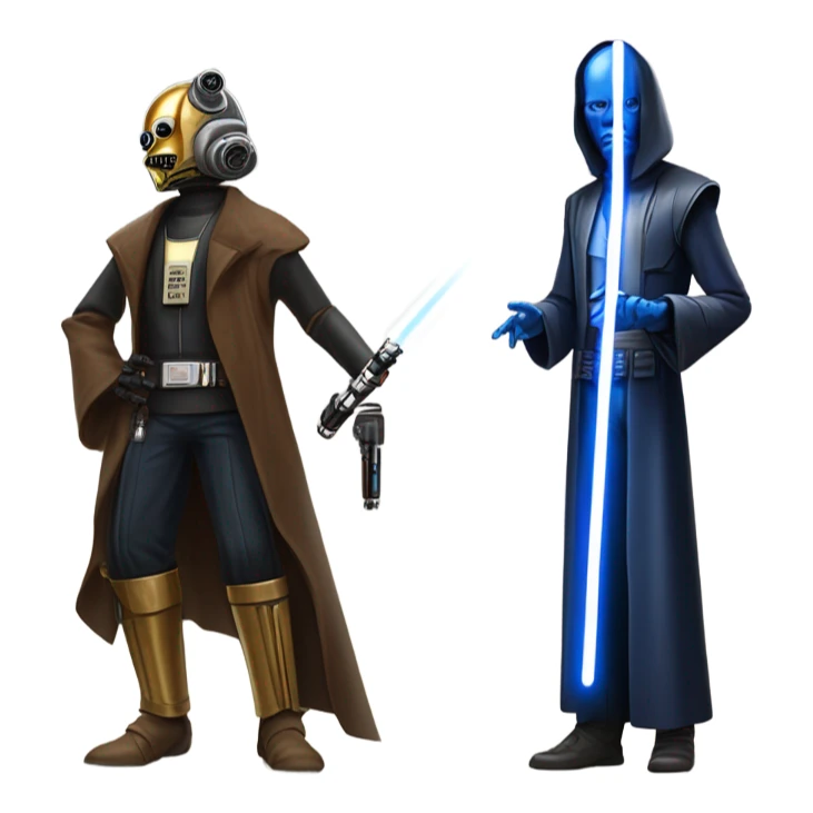 jedi first order human-sized darkblue-pearl friendly bounty hunter c3po droid wearing a leather wild west duster coat holding light saber ready to fight but relaxed. antiqued sticker