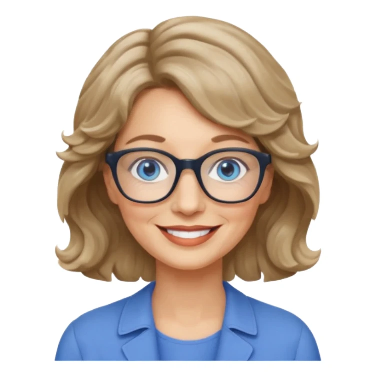 woman 60 short weavy dark blonde haire, rectangle glases, blue eyes sticker