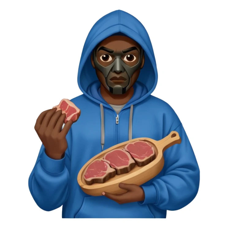 MF DOOM in a blue hoodie holding a piece of meat sticker