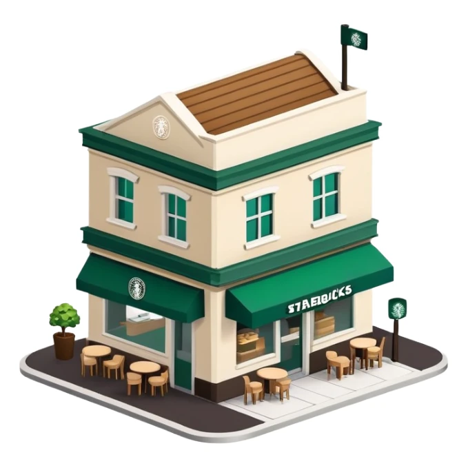 Starbucks exterior, isometric dollhouse-style, realistic sticker