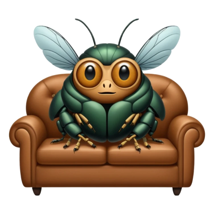 Black Cicada cartoon style with black shiny round eyes watching on a phone sit on a brown sofa  sticker