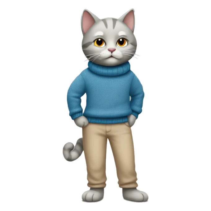 anthropomorphic cat with blue fur wearing a beige sweater and gray pants sticker