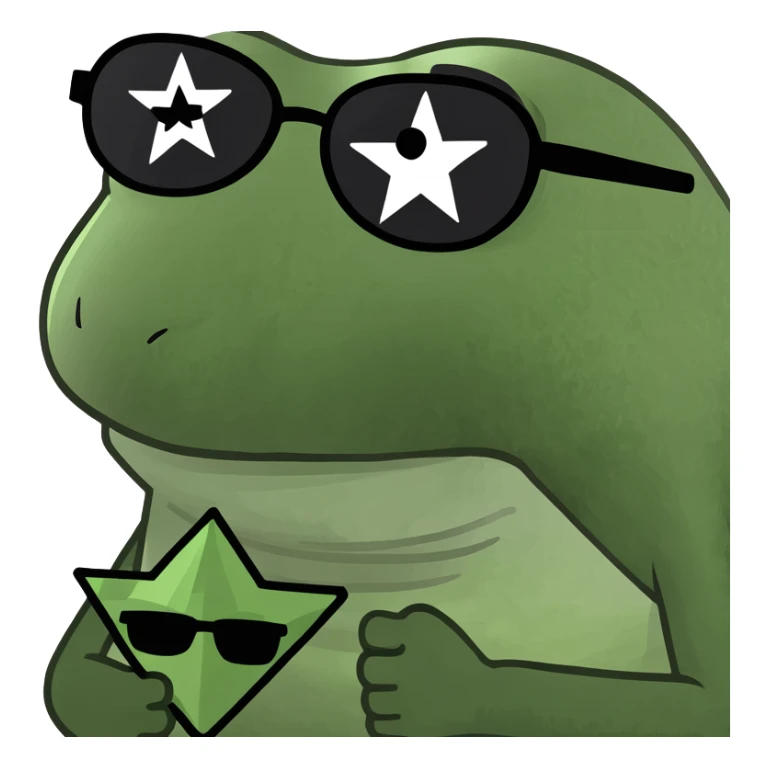 bufo with triangle shaped 8 bit sunglasses full black, confident smile, with a mini black star in his hand sticker