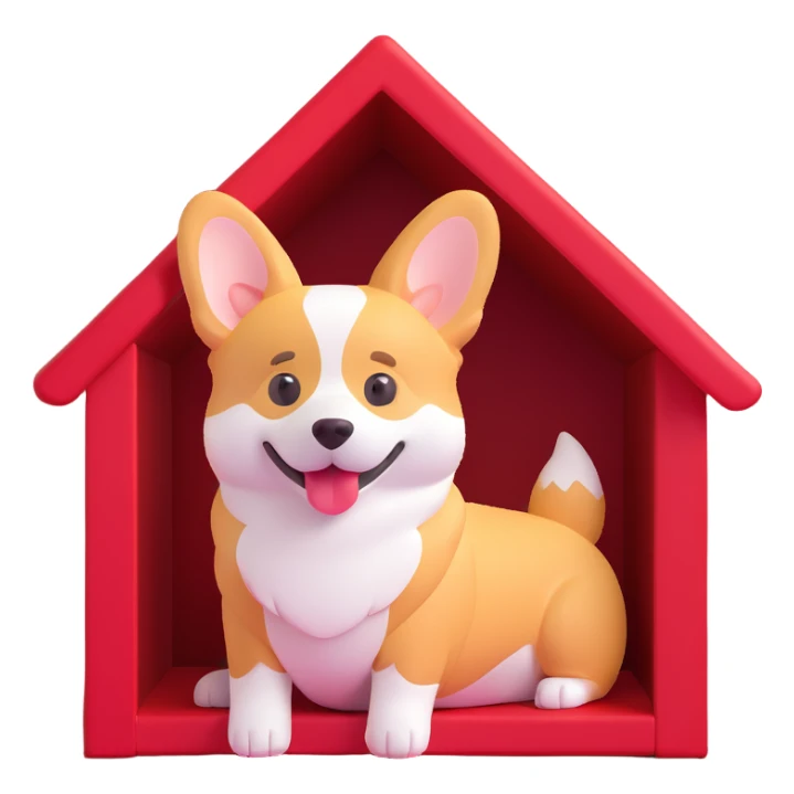Replace the dog in the house with a corgi breed, keeping the same 3D emoji texture and style, maintaining the red doghouse and overall composition as in the reference image. sticker