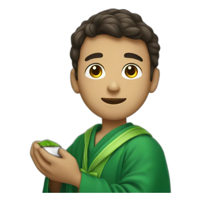 a student in a green robe with a green sprout in his hands. sticker
